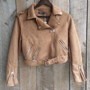 Simplee Faux Suede Cropped Moto Jacket